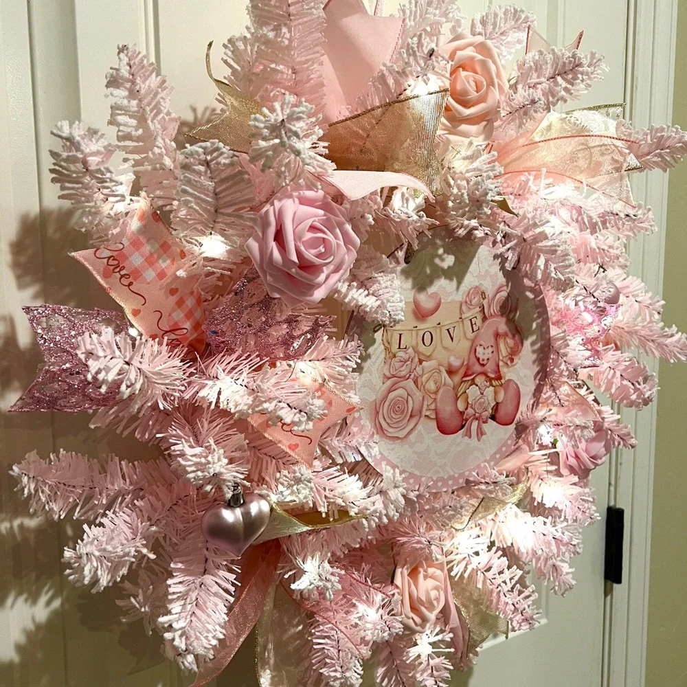 Handmade 22” Valentine’s Day Pink Flocked Garland Gnome LED Wreath W30
